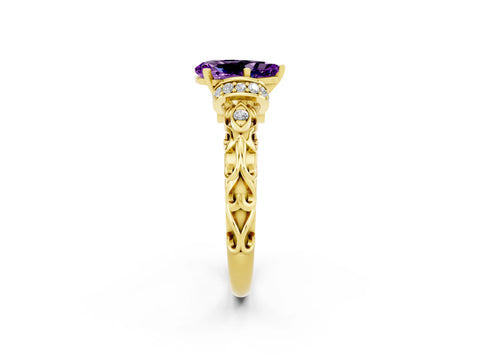 Yellow gold Pear Cut Amethyst Solitaire Ring with Filigree Band and Four-Prong Setting_50