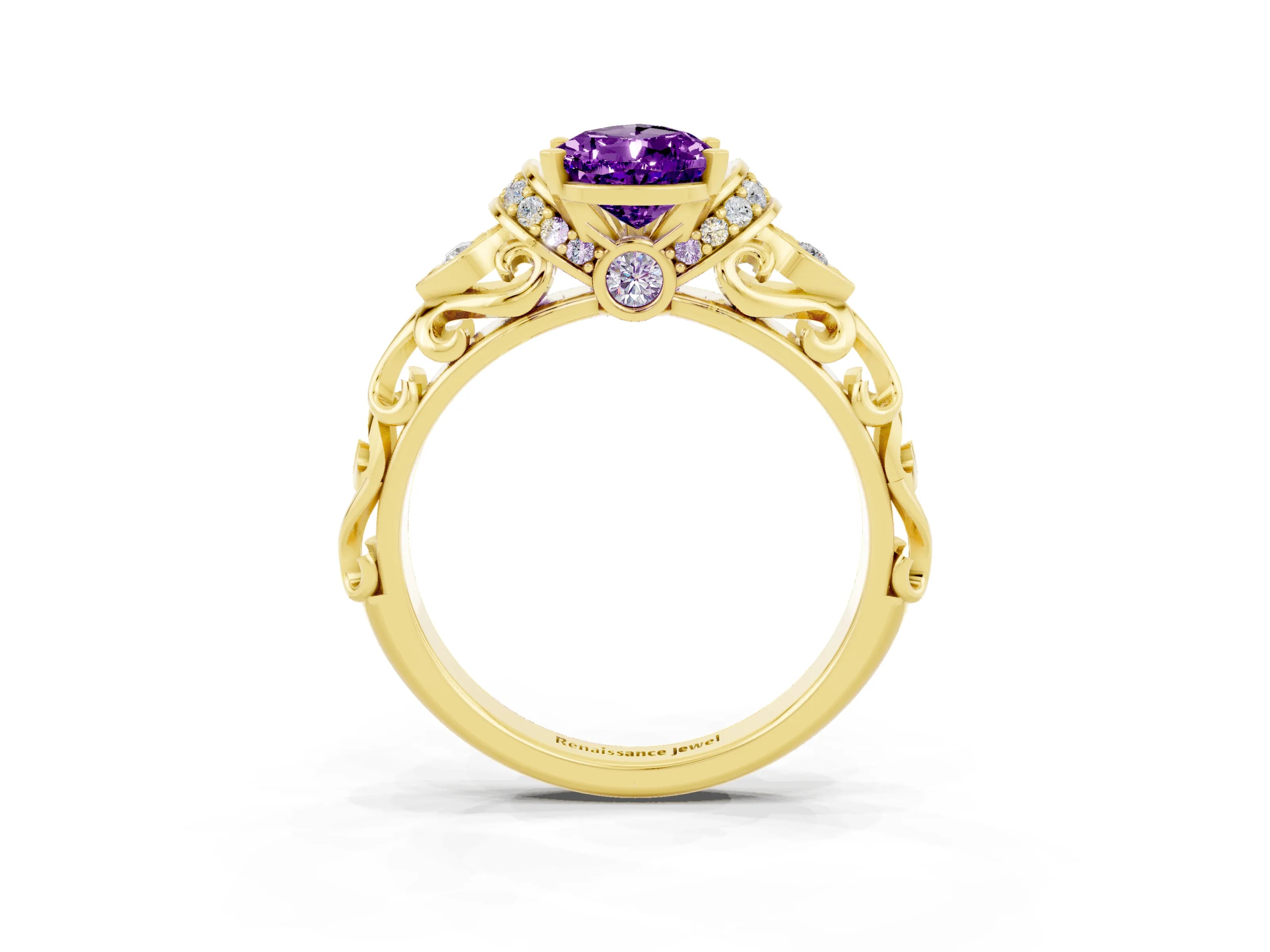 Yellow gold Pear Cut Amethyst Solitaire Ring with Filigree Band and Four-Prong Setting_51
