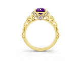 Yellow gold Pear Cut Amethyst Solitaire Ring with Filigree Band and Four-Prong Setting_51