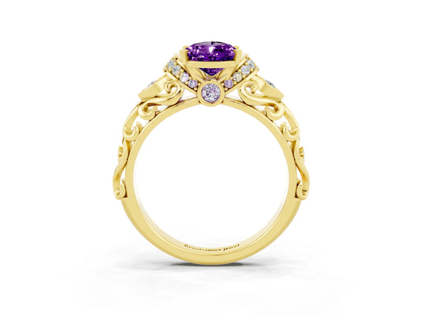 Yellow gold Pear Cut Amethyst Solitaire Ring with Filigree Band and Four-Prong Setting