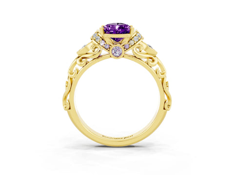Yellow gold Pear Cut Amethyst Solitaire Ring with Filigree Band and Four-Prong Setting_51