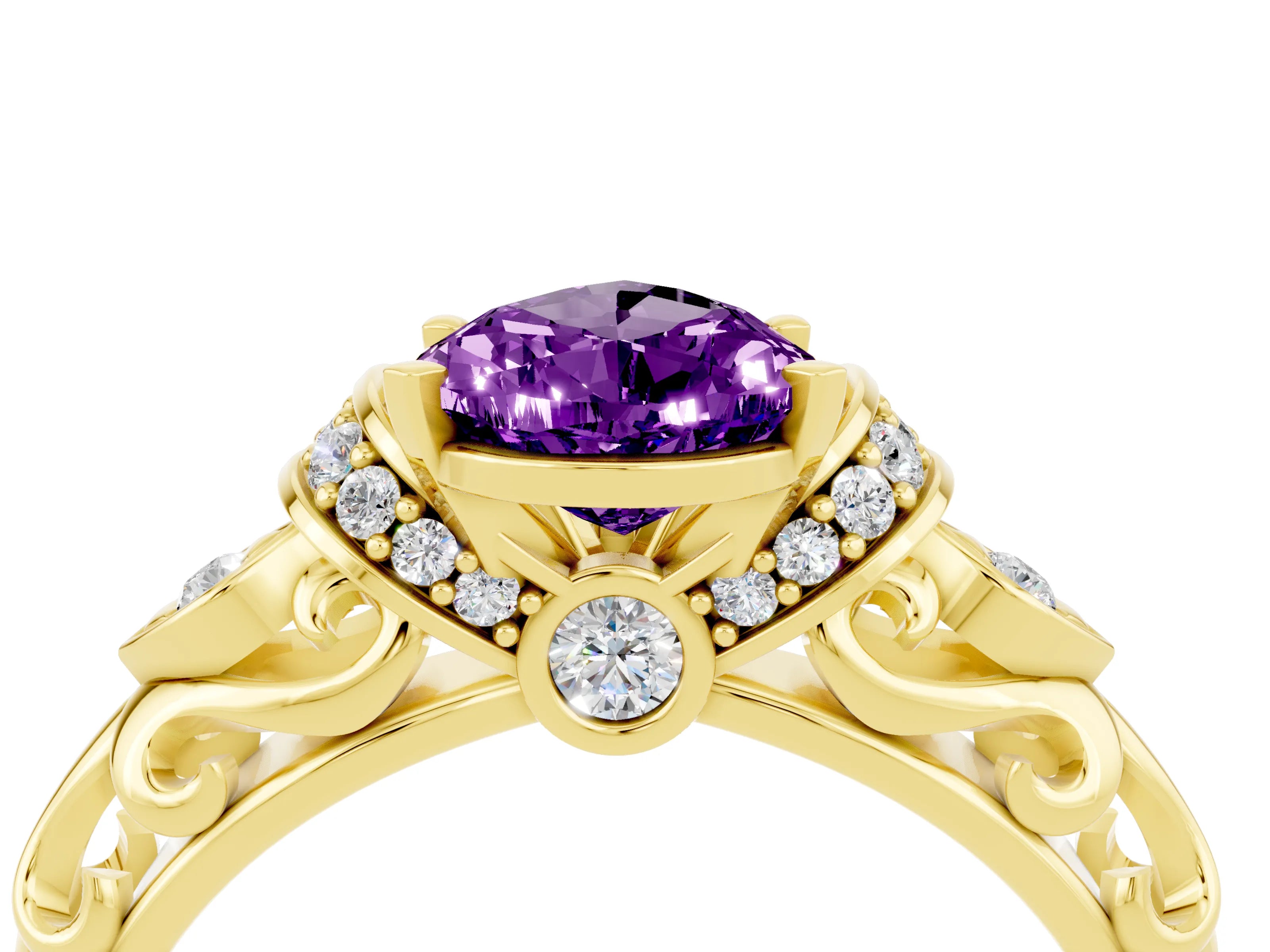 Yellow gold Pear Cut Amethyst Solitaire Ring with Filigree Band and Four-Prong Setting_52