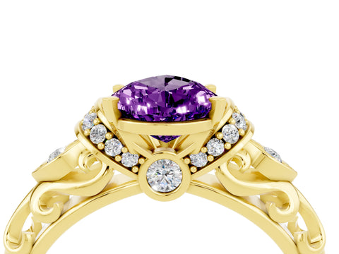 Yellow gold Pear Cut Amethyst Solitaire Ring with Filigree Band and Four-Prong Setting_52