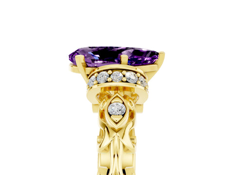 Yellow gold Pear Cut Amethyst Solitaire Ring with Filigree Band and Four-Prong Setting_53