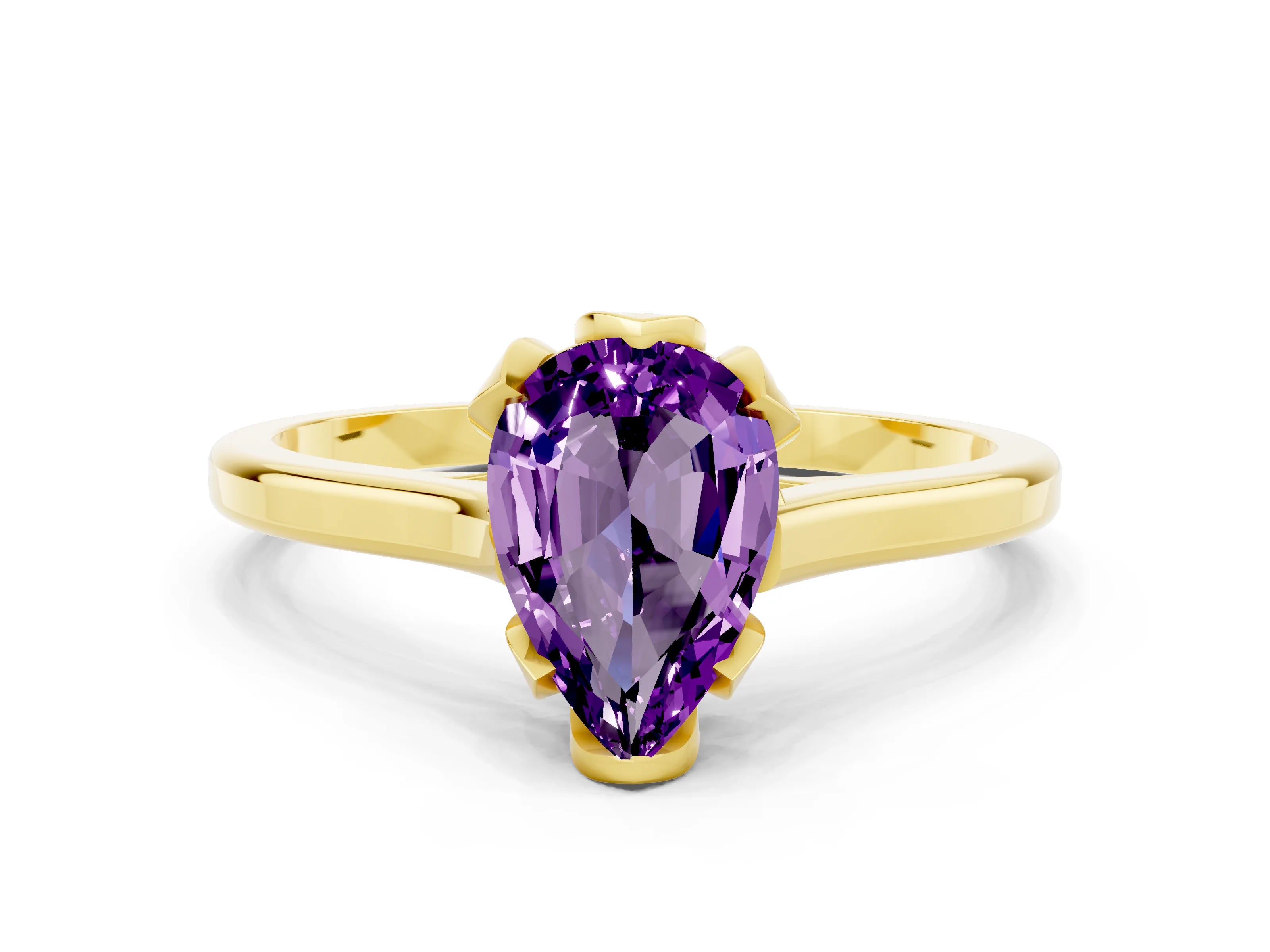 Yellow gold Pear Cut Amethyst Solitaire Ring with Flower Prong Setting and Classic Band_12