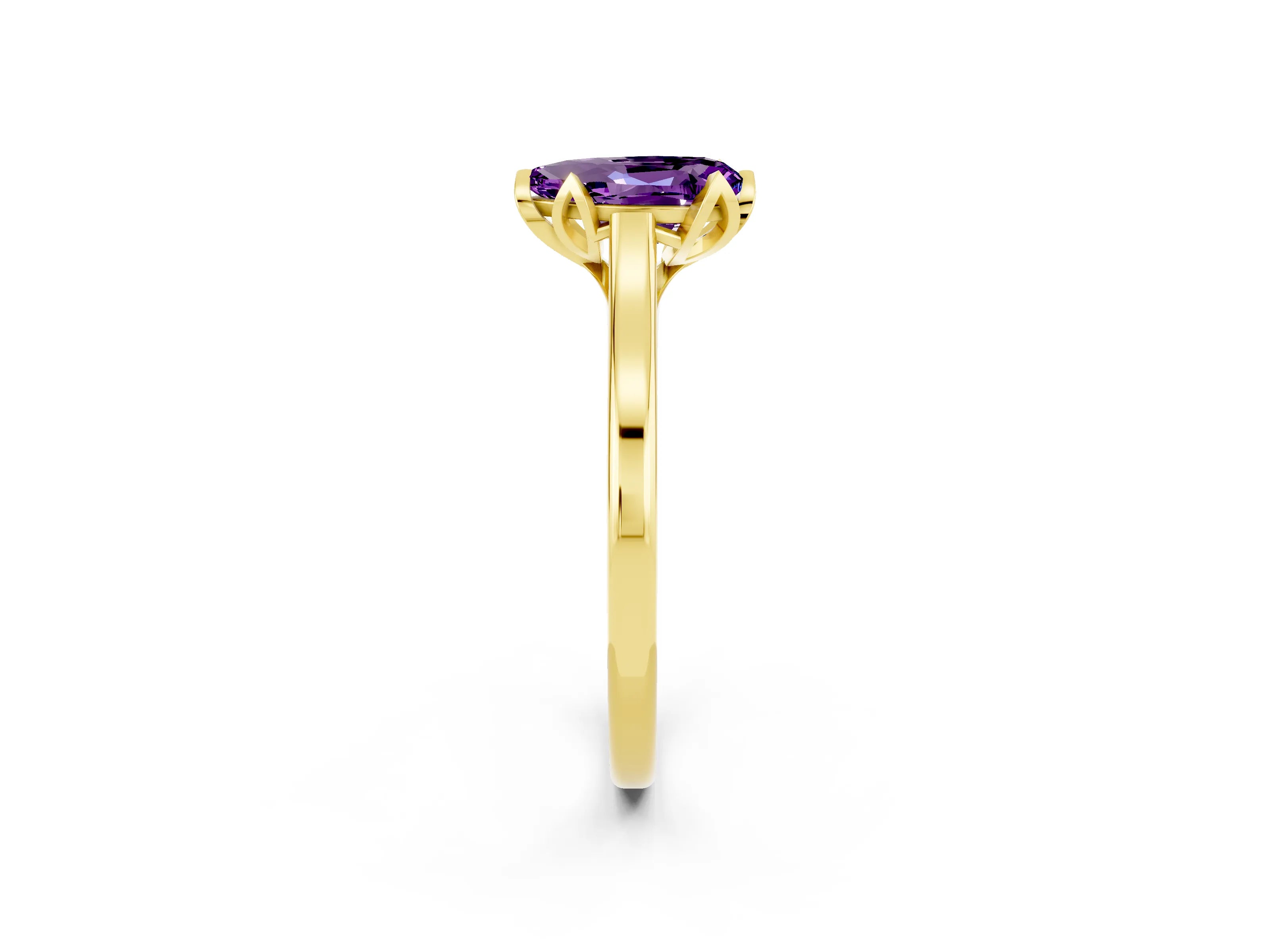 Yellow gold Pear Cut Amethyst Solitaire Ring with Flower Prong Setting and Classic Band_14