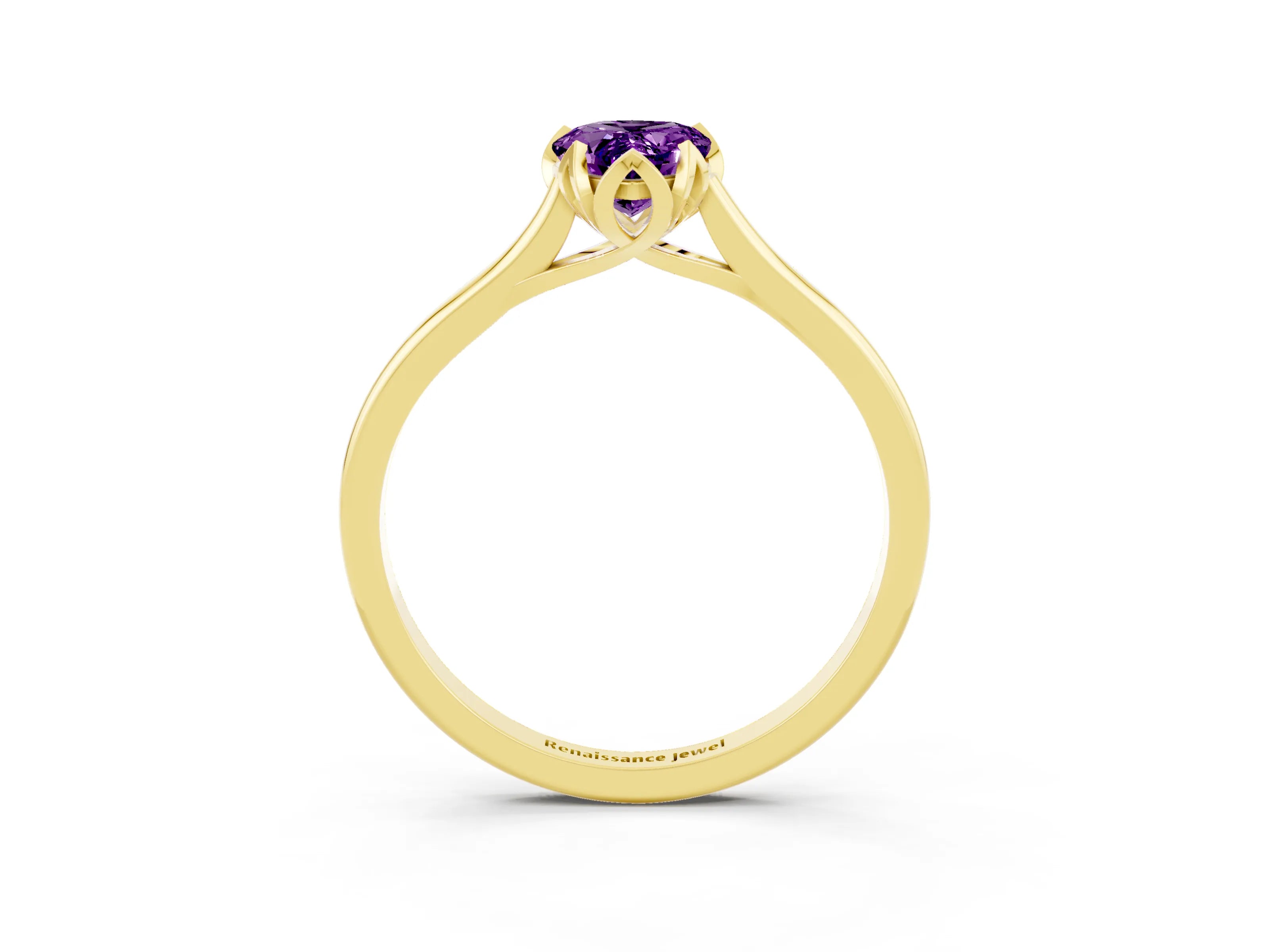 Yellow gold Pear Cut Amethyst Solitaire Ring with Flower Prong Setting and Classic Band_15