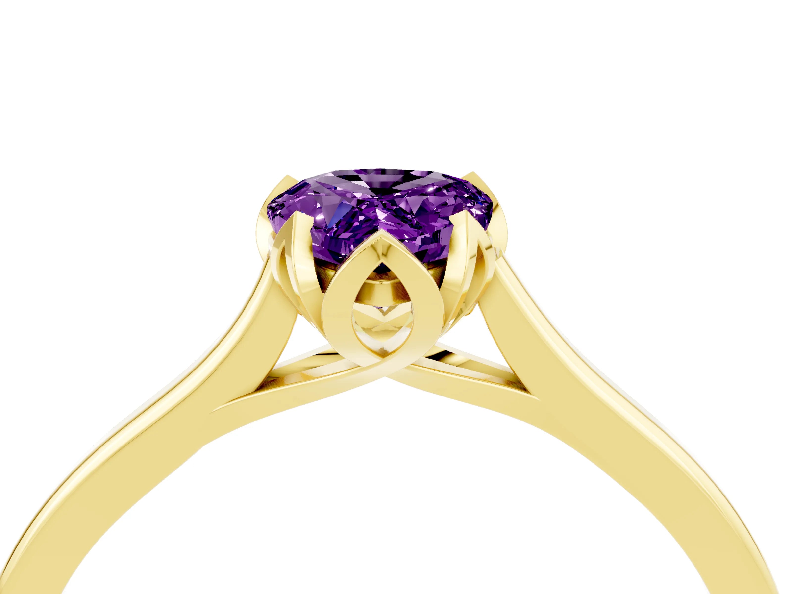 Yellow gold Pear Cut Amethyst Solitaire Ring with Flower Prong Setting and Classic Band_16