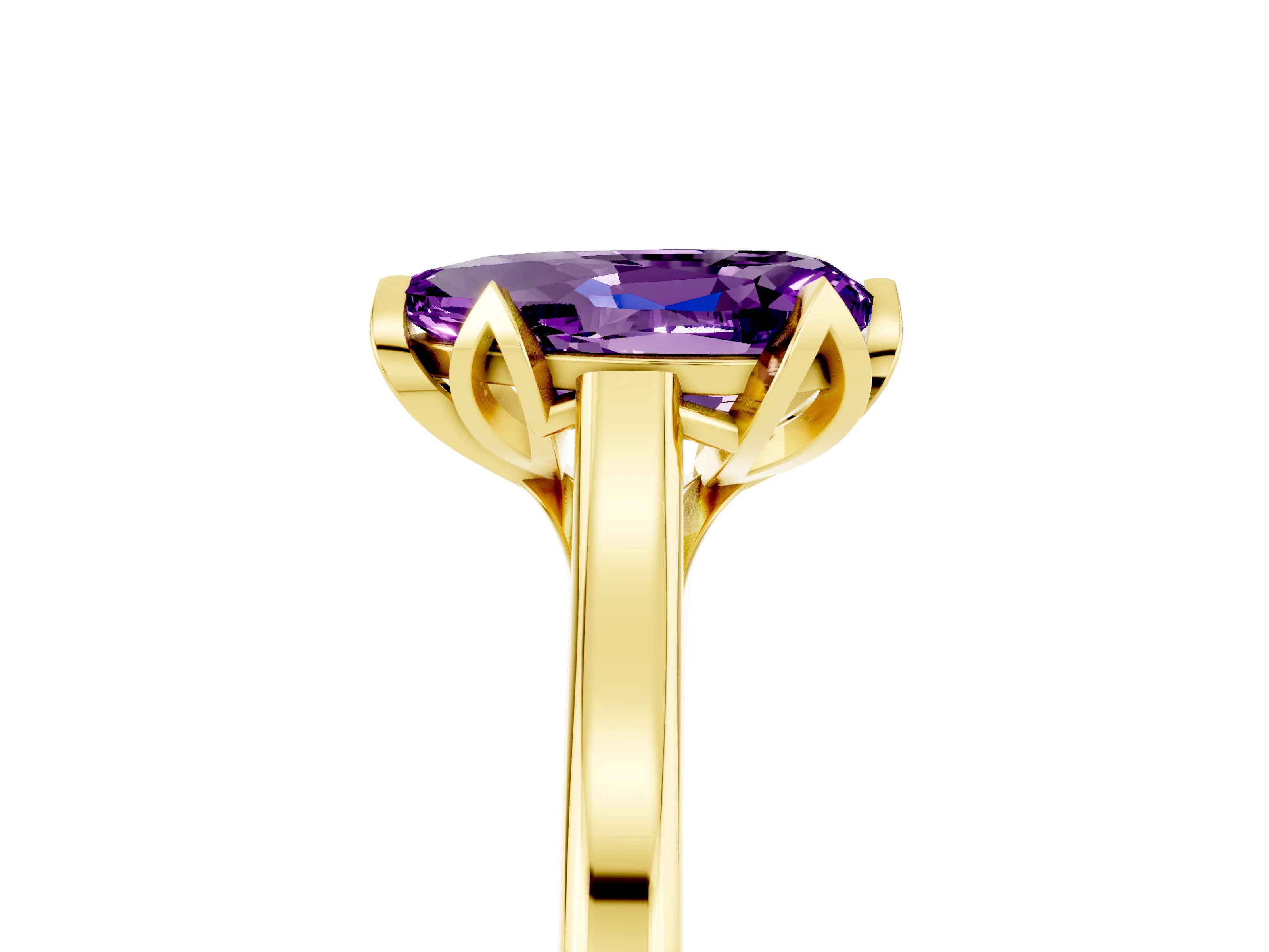 Yellow gold Pear Cut Amethyst Solitaire Ring with Flower Prong Setting and Classic Band_17