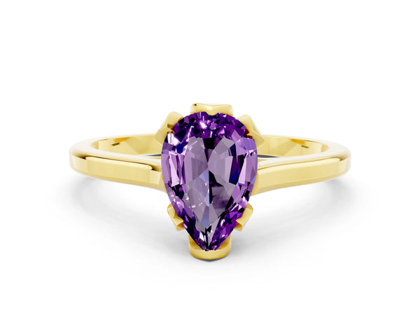 Yellow gold Pear Cut Amethyst Solitaire Ring with Flower Prong Setting and Classic Band