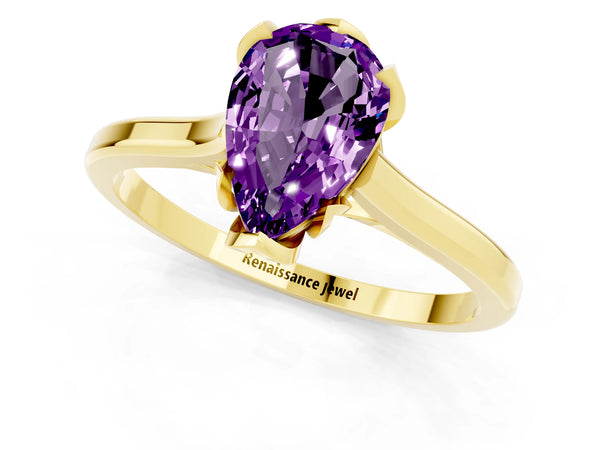 Yellow gold Pear Cut Amethyst Solitaire Ring with Flower Prong Setting and Classic Band