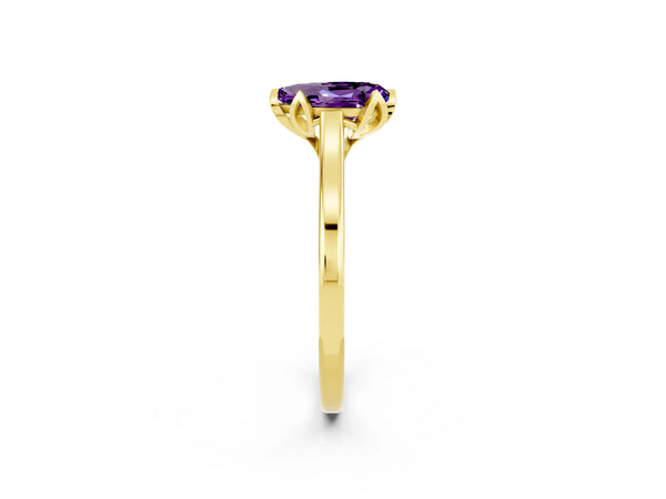 Yellow gold Pear Cut Amethyst Solitaire Ring with Flower Prong Setting and Classic Band