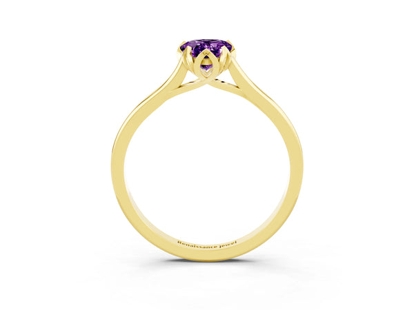 Yellow gold Pear Cut Amethyst Solitaire Ring with Flower Prong Setting and Classic Band