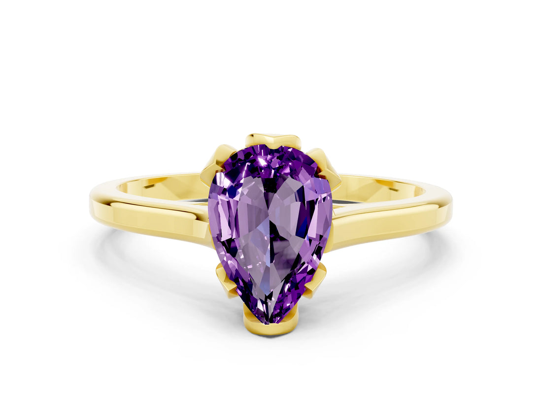 Yellow gold Pear Cut Amethyst Solitaire Ring with Flower Prong Setting and Classic Band_36