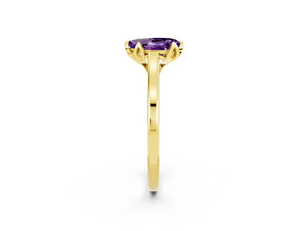 Yellow Gold Pear-Shaped Amethyst Floral Solitaire Engagement Ring with Plain Band