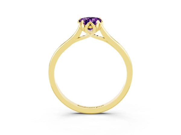 Yellow Gold Pear-Shaped Amethyst Floral Solitaire Engagement Ring with Plain Band
