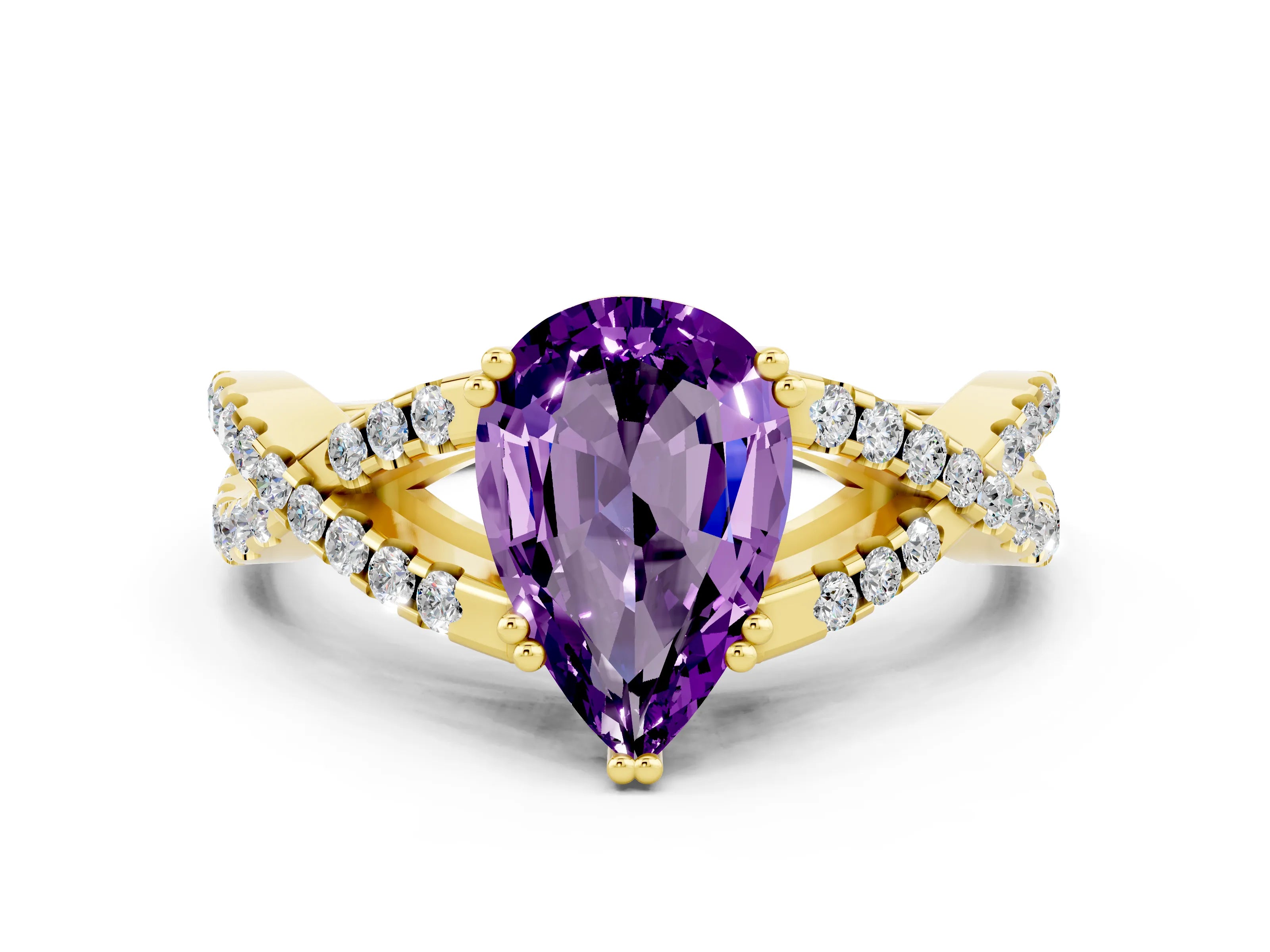 Yellow gold Pear Cut Amethyst Solitaire Ring with Four-Prong Setting and Twisted Pavé Band