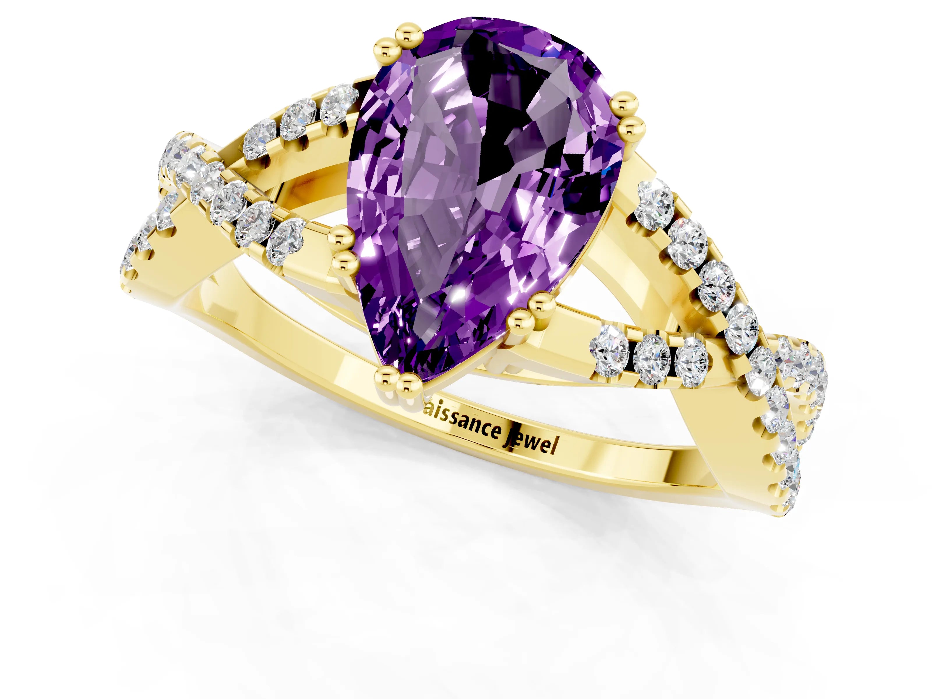 Yellow gold Pear Cut Amethyst Solitaire Ring with Four-Prong Setting and Twisted Pavé Band_1