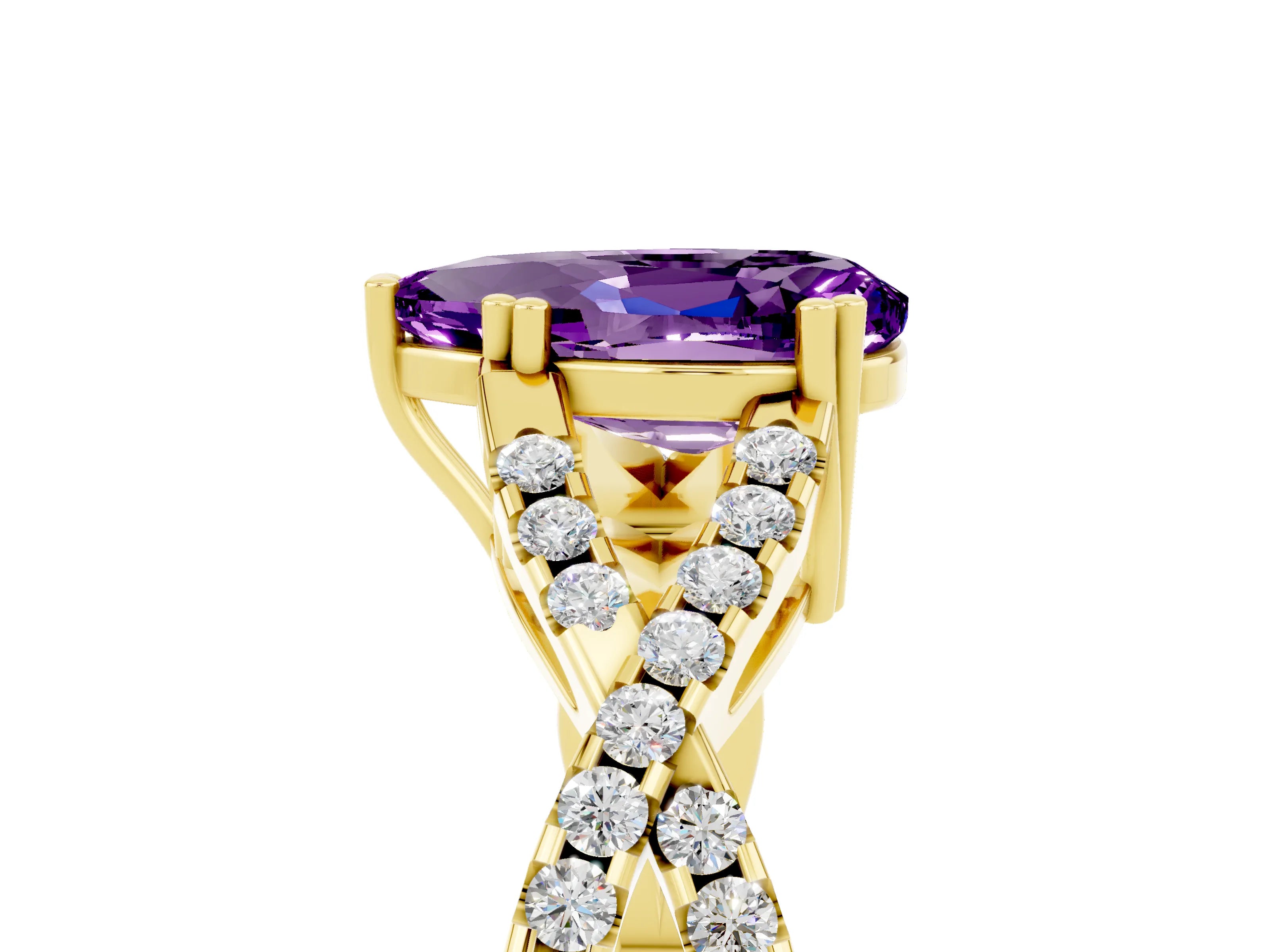 Yellow gold Pear Cut Amethyst Solitaire Ring with Four-Prong Setting and Twisted Pavé Band_5