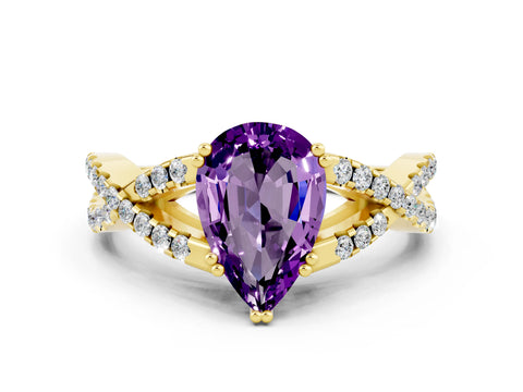 Yellow gold Pear Cut Amethyst Solitaire Ring with Four-Prong Setting and Twisted Pavé Band