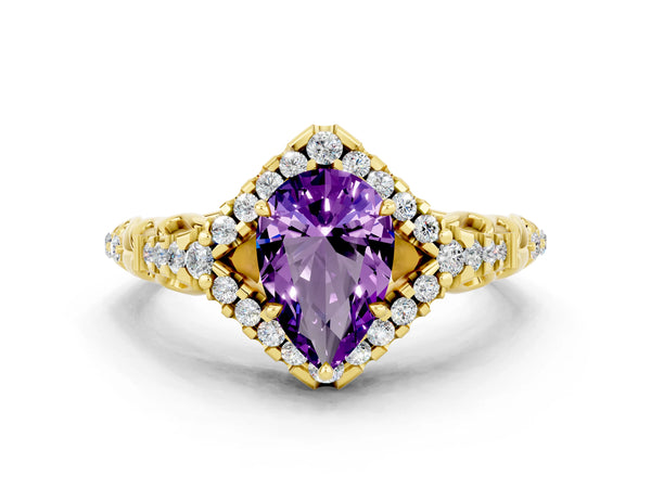 Yellow gold Pear Cut Amethyst Solitaire Ring with Hidden Halo and Pavé Band