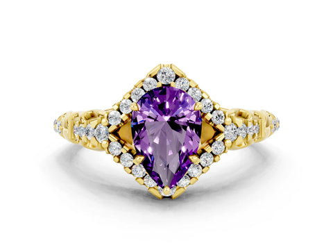 Yellow gold Pear Cut Amethyst Solitaire Ring with Hidden Halo and Pavé Band_12