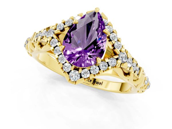 Yellow gold Pear Cut Amethyst Solitaire Ring with Hidden Halo and Pavé Band