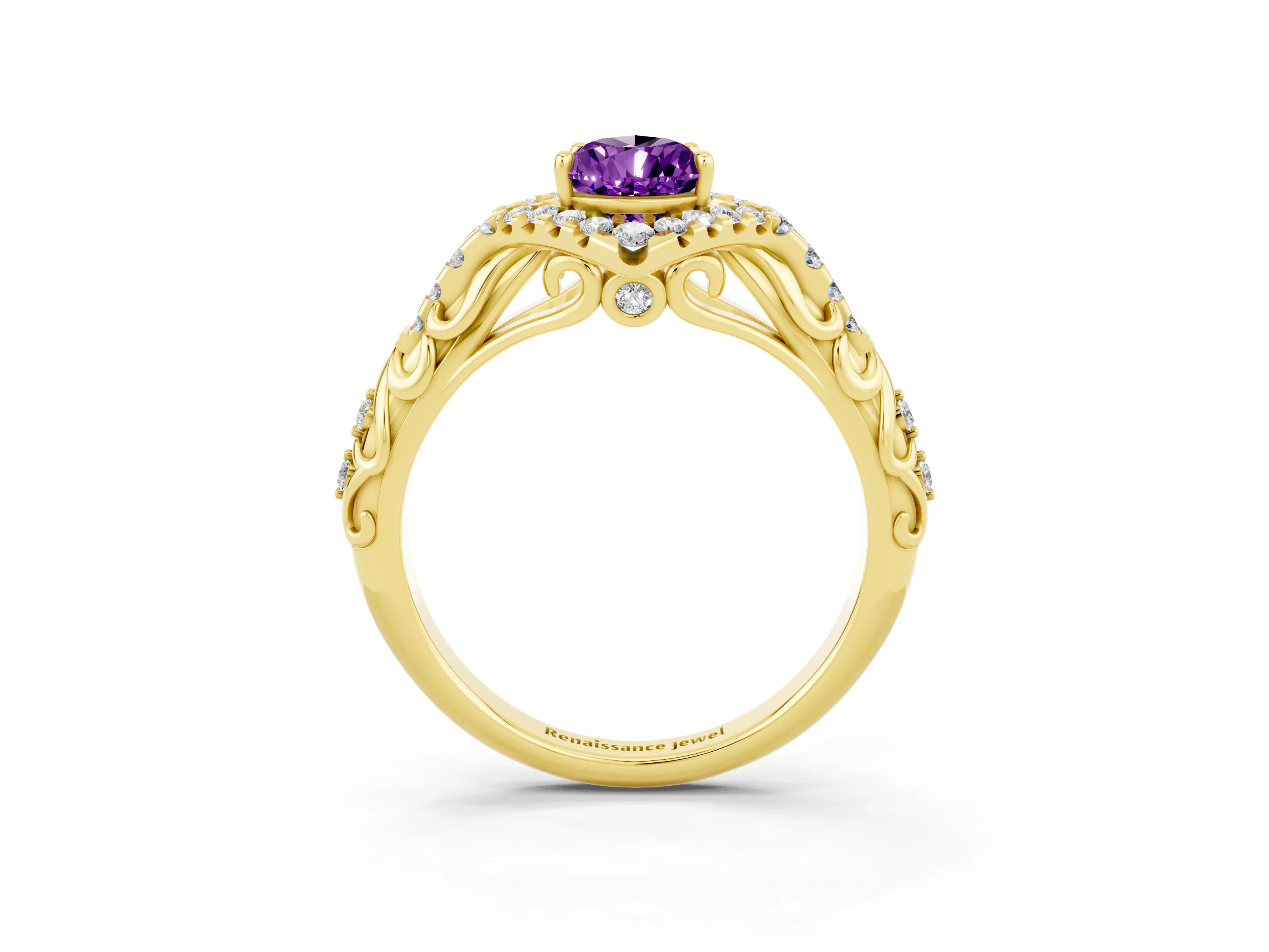 Yellow gold Pear Cut Amethyst Solitaire Ring with Hidden Halo and Pavé Band_15
