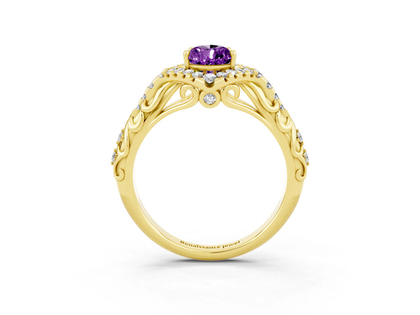Yellow gold Pear Cut Amethyst Solitaire Ring with Hidden Halo and Pavé Band