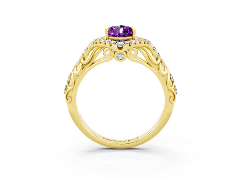 Yellow gold Pear Cut Amethyst Solitaire Ring with Hidden Halo and Pavé Band_15