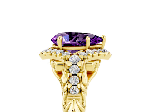 Yellow gold Pear Cut Amethyst Solitaire Ring with Hidden Halo and Pavé Band_17