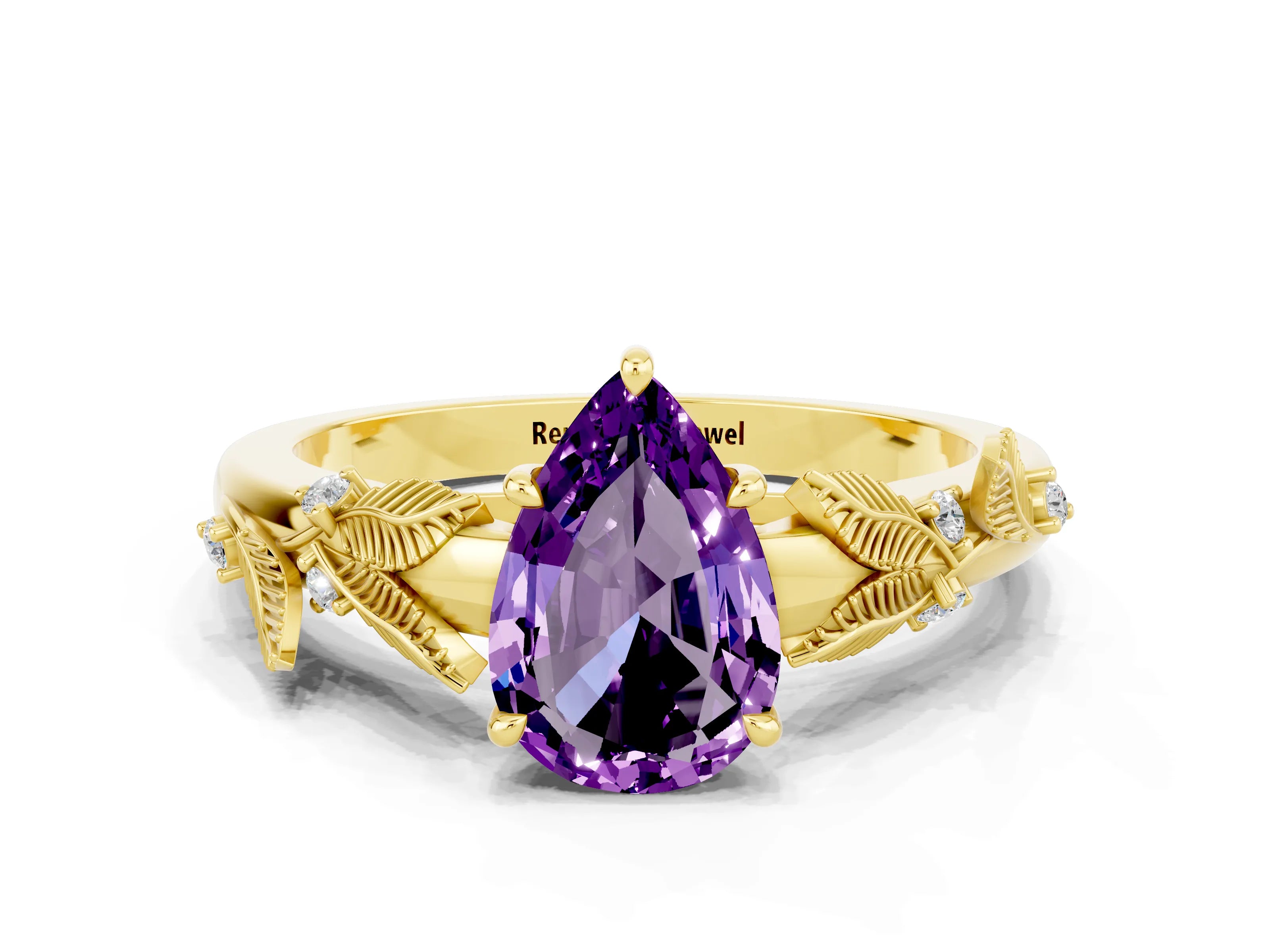 Yellow gold Pear Cut Amethyst Solitaire Ring with Leaf Motif Band and Four-Prong Setting