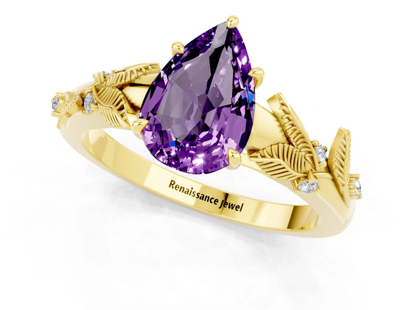 Yellow gold Pear Cut Amethyst Solitaire Ring with Leaf Motif Band and Four-Prong Setting