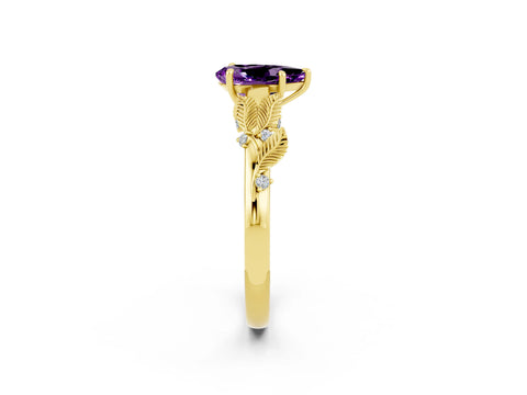 Yellow gold Pear Cut Amethyst Solitaire Ring with Leaf Motif Band and Four-Prong Setting_2