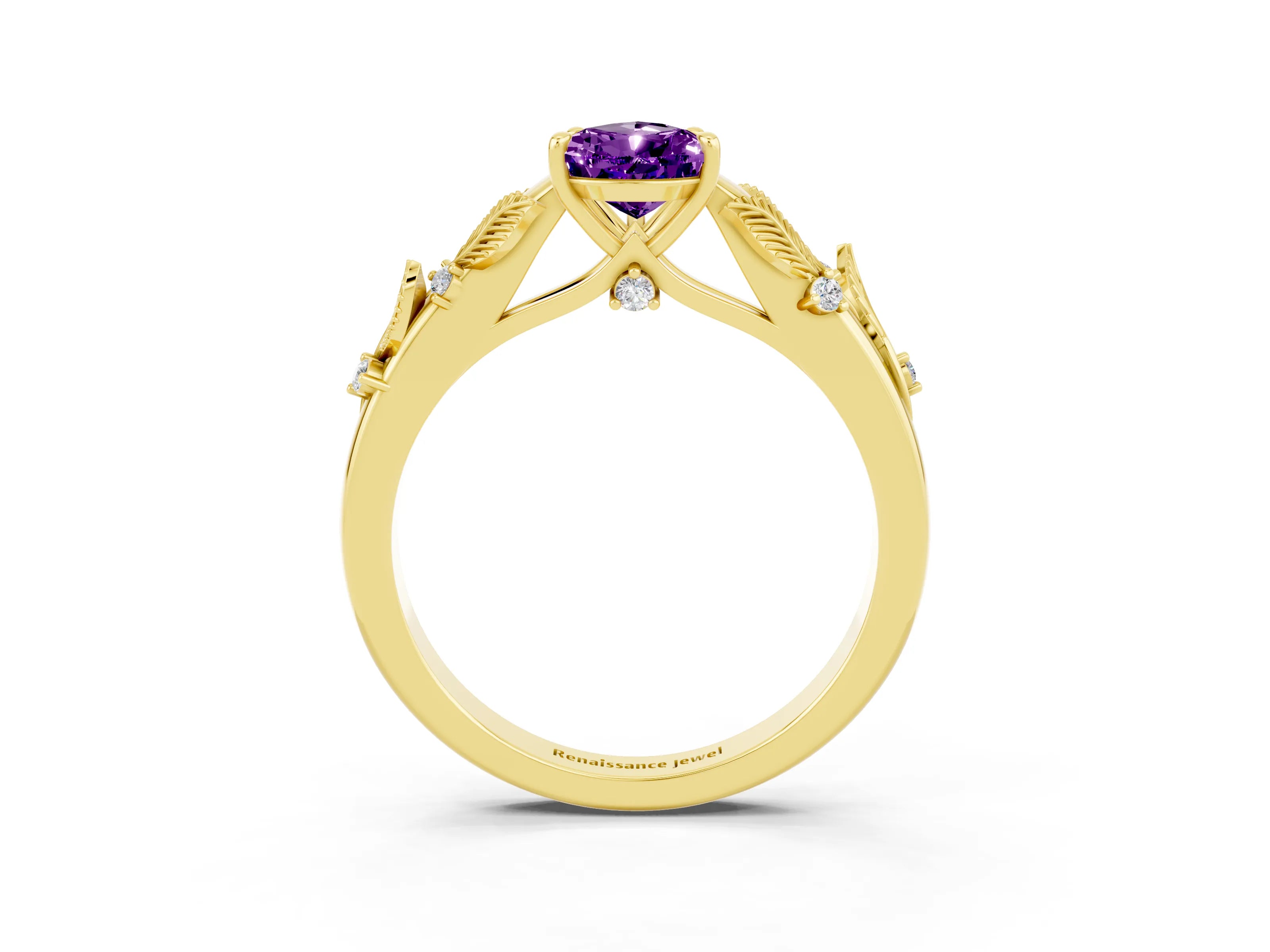 Yellow gold Pear Cut Amethyst Solitaire Ring with Leaf Motif Band and Four-Prong Setting_3