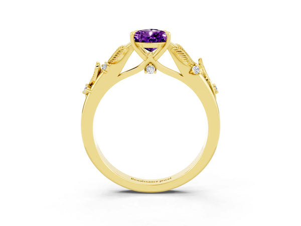 Yellow gold Pear Cut Amethyst Solitaire Ring with Leaf Motif Band and Four-Prong Setting