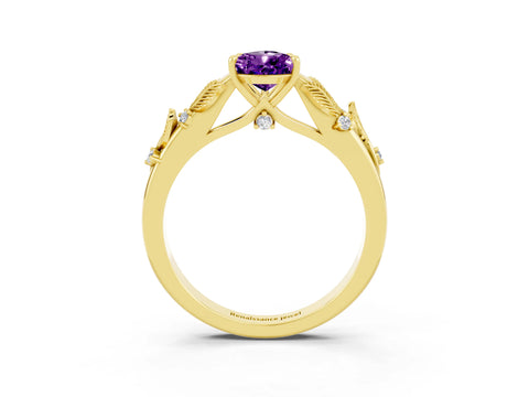 Yellow gold Pear Cut Amethyst Solitaire Ring with Leaf Motif Band and Four-Prong Setting_3