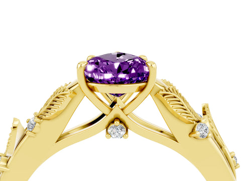 Yellow gold Pear Cut Amethyst Solitaire Ring with Leaf Motif Band and Four-Prong Setting_4