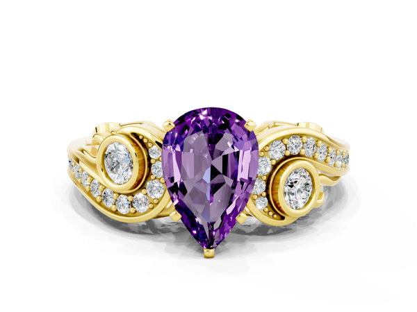 Yellow gold Pear Cut Amethyst Solitaire Ring with Milgrain Pavé Band and Four-Prong Setting