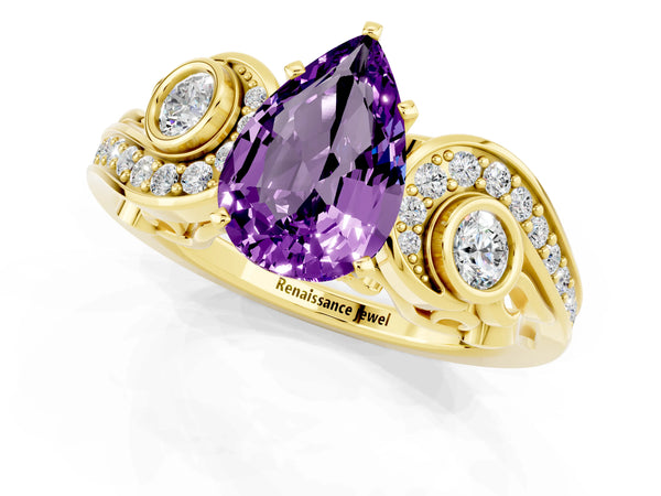 Yellow gold Pear Cut Amethyst Solitaire Ring with Milgrain Pavé Band and Four-Prong Setting