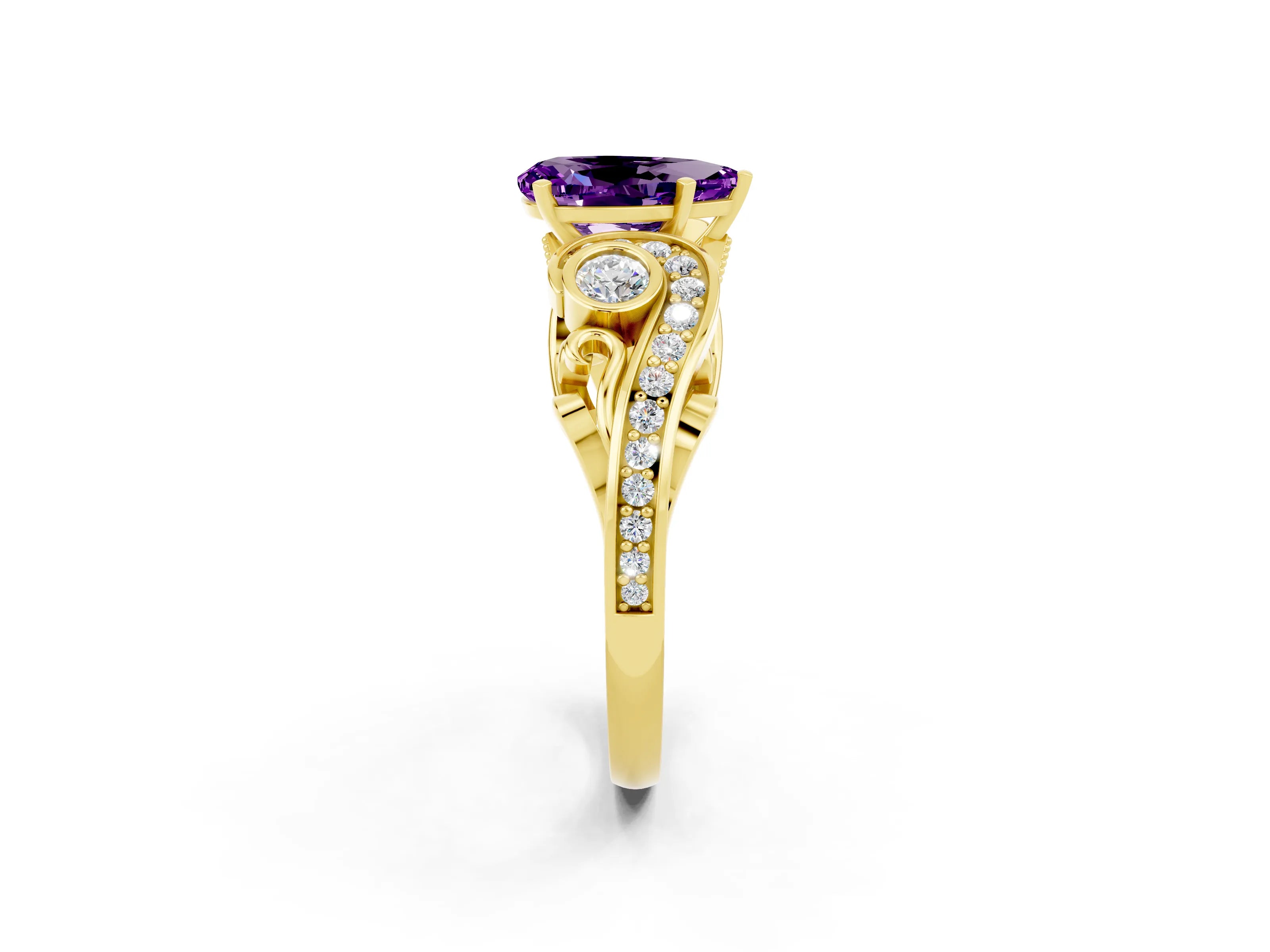 Yellow gold Pear Cut Amethyst Solitaire Ring with Milgrain Pavé Band and Four-Prong Setting_26