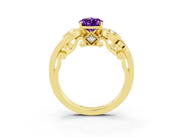 Yellow gold Pear Cut Amethyst Solitaire Ring with Milgrain Pavé Band and Four-Prong Setting
