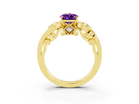 Yellow gold Pear Cut Amethyst Solitaire Ring with Milgrain Pavé Band and Four-Prong Setting_27