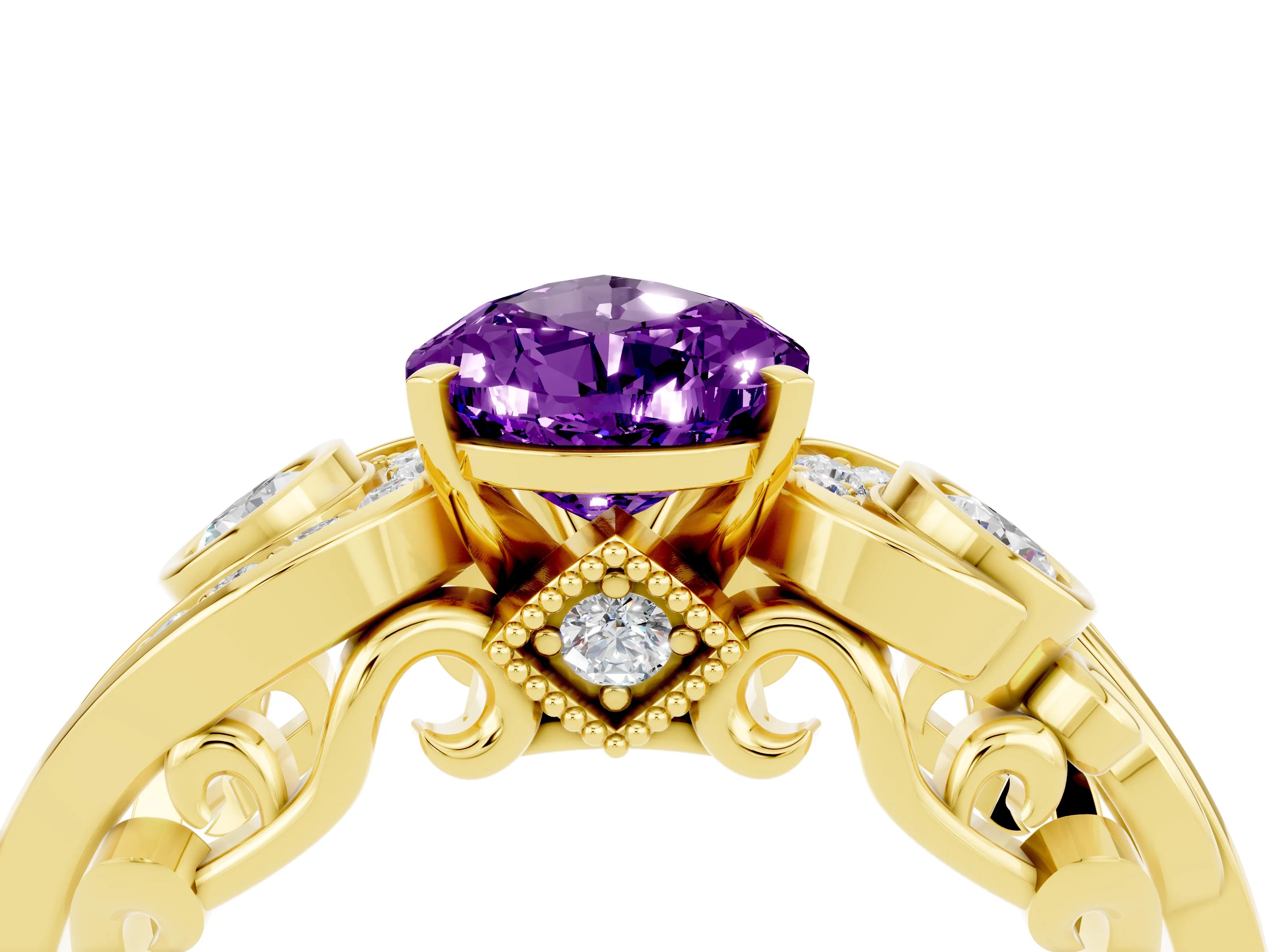 Yellow gold Pear Cut Amethyst Solitaire Ring with Milgrain Pavé Band and Four-Prong Setting_28