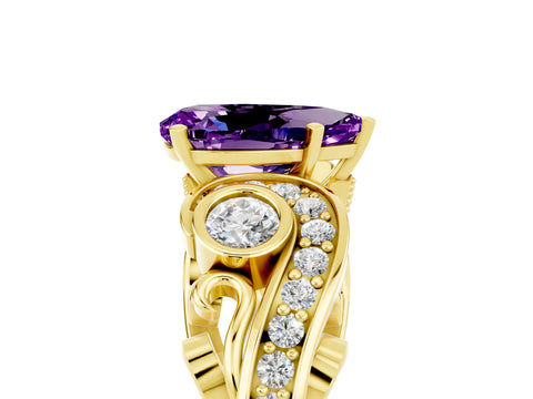 Yellow gold Pear Cut Amethyst Solitaire Ring with Milgrain Pavé Band and Four-Prong Setting_29