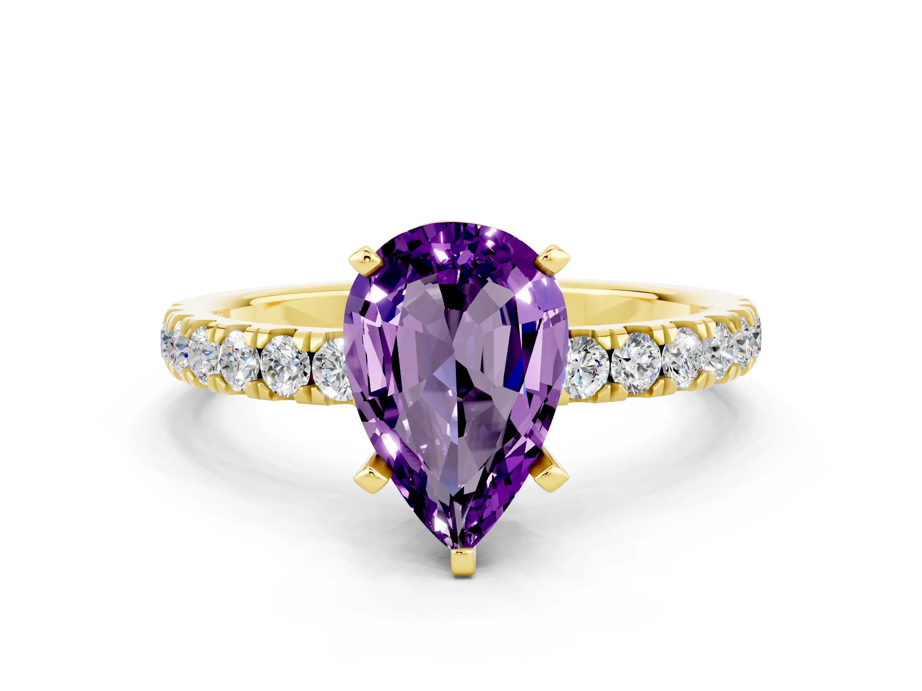 Yellow gold Pear Cut Amethyst Solitaire Ring with Pavé Accents and Four-Prong Setting