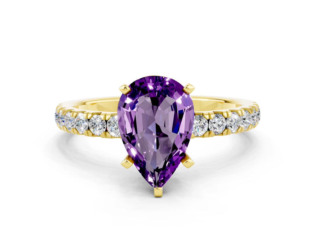 Yellow gold Pear Cut Amethyst Solitaire Ring with Pavé Accents and Four-Prong Setting