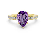 Yellow gold Pear Cut Amethyst Solitaire Ring with Pavé Accents and Four-Prong Setting