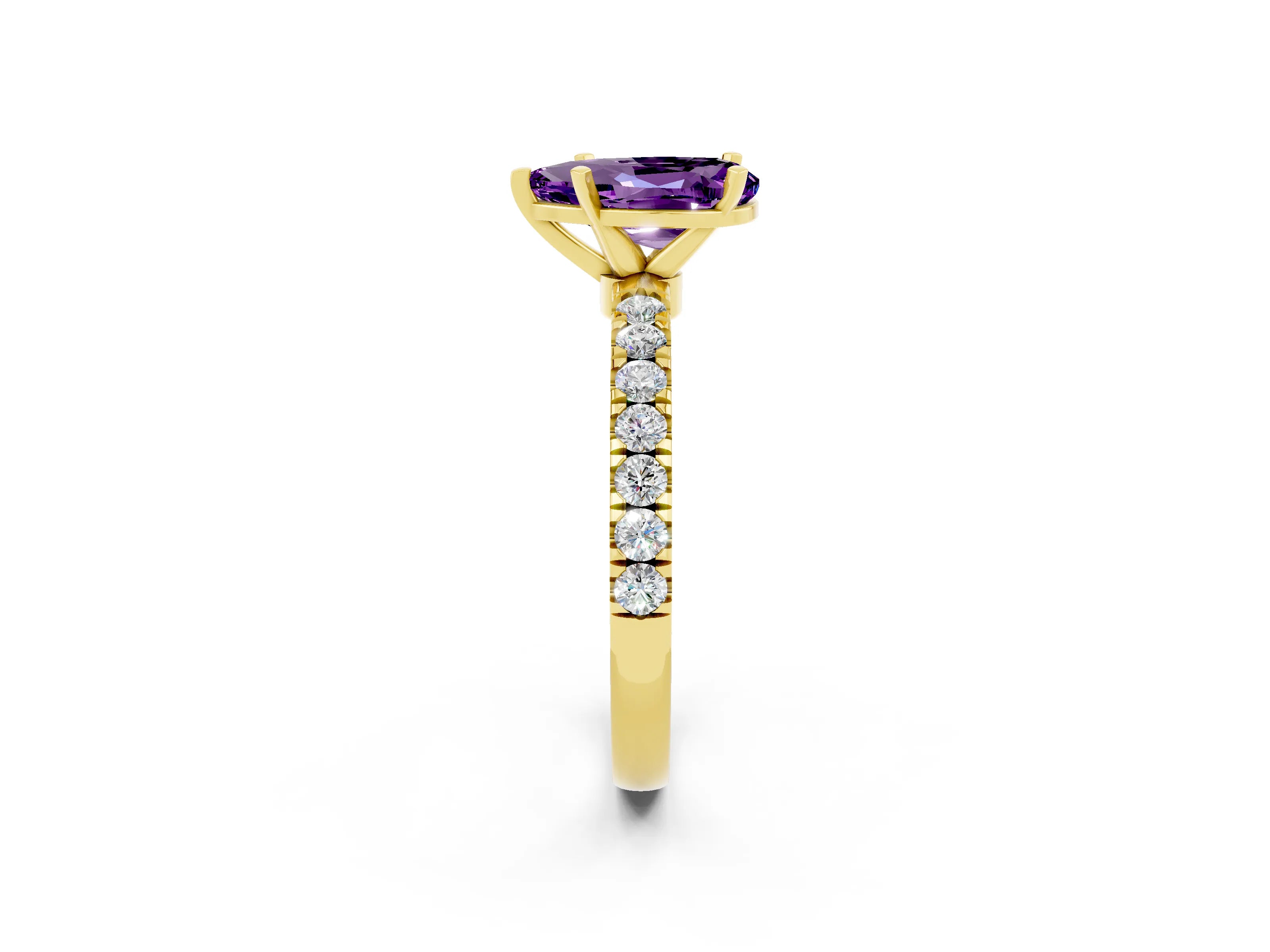 Yellow gold Pear Cut Amethyst Solitaire Ring with Pavé Accents and Four-Prong Setting_2