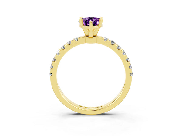 Yellow gold Pear Cut Amethyst Solitaire Ring with Pavé Accents and Four-Prong Setting